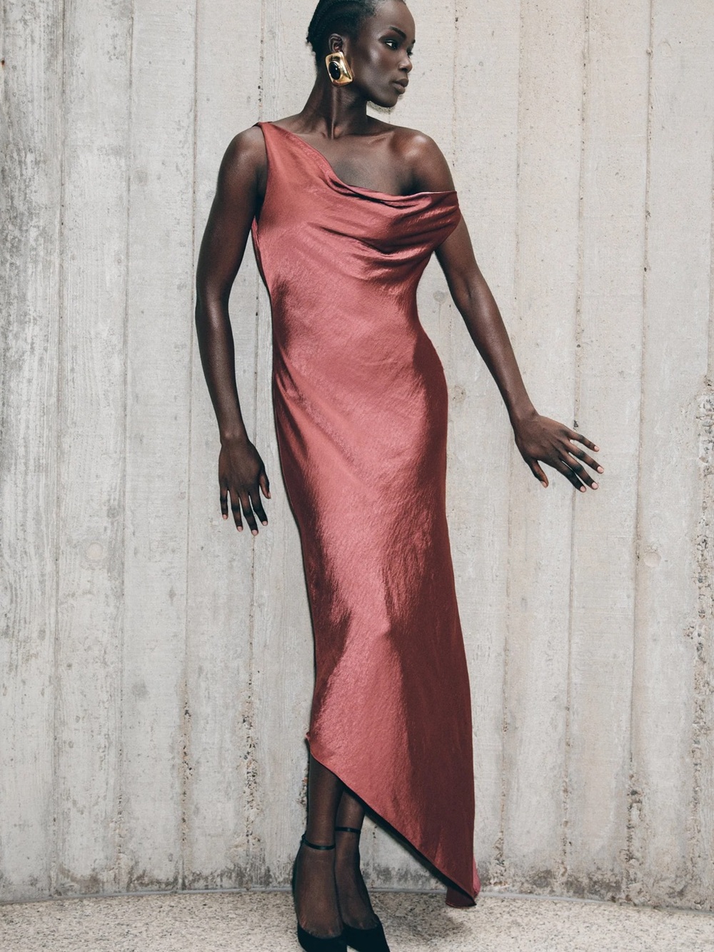 Meshki Asymmetrical One-Shoulder Satin Dress in Brown Cherry BNWT size L